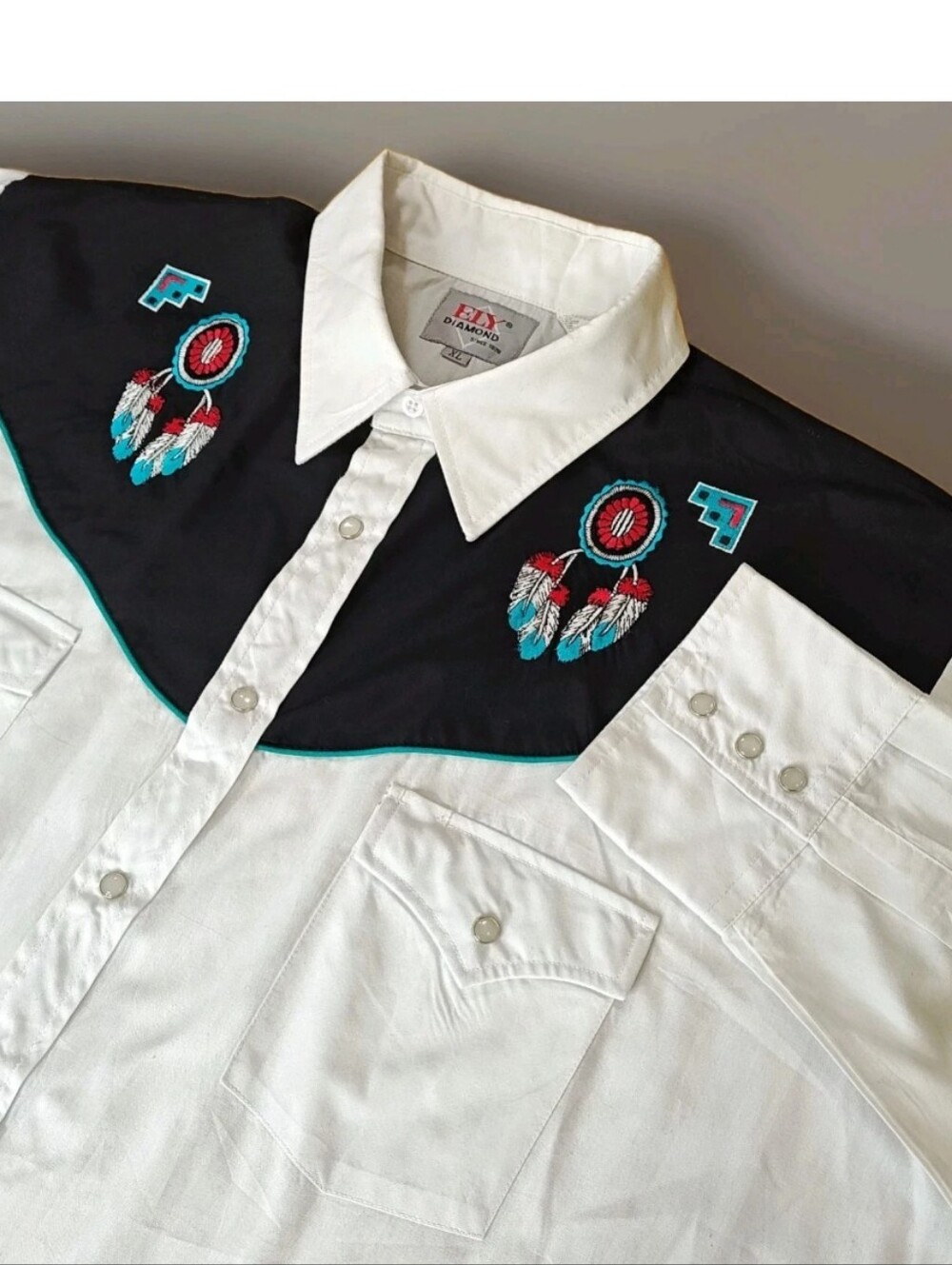 Ely Diamond Men XL Pearl Snap Shirt White Native Southwestern Tribal Embroidery